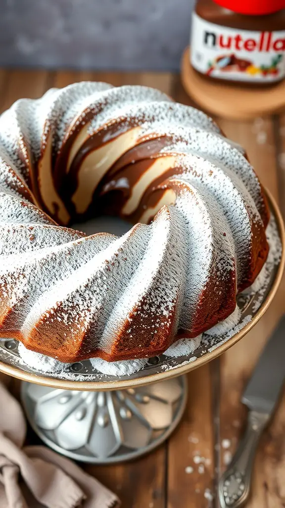A beautifully swirled Nutella Bundt cake topped with powdered sugar on a cake stand.