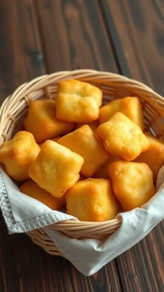 A basket filled with golden cheese puffs on a wooden table.