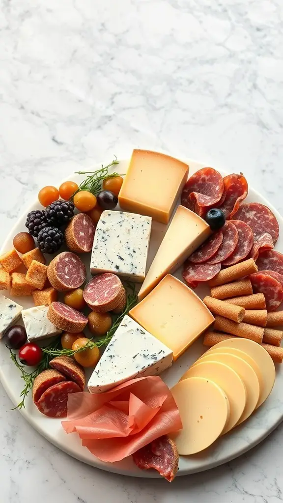 A gourmet charcuterie board featuring various cheeses, cured meats, and fresh fruits.