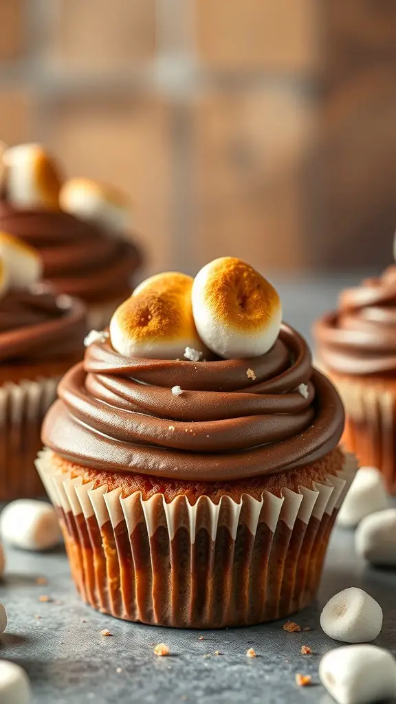 Delicious s'mores cupcakes with chocolate frosting and toasted marshmallows on top.