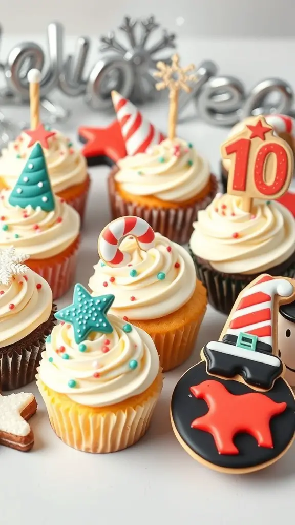 Festive cupcakes with holiday-themed decorations for New Year's celebration.