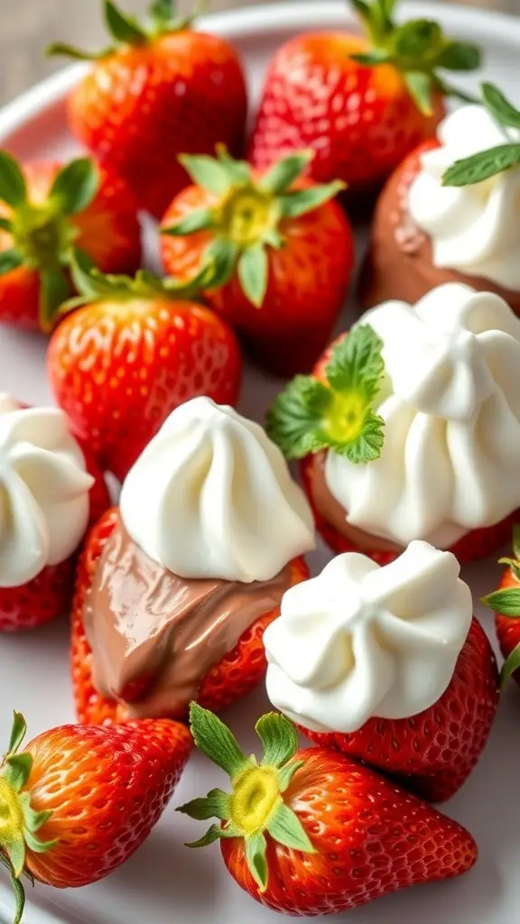 A plate of fresh strawberries stuffed with Nutella and topped with whipped cream.