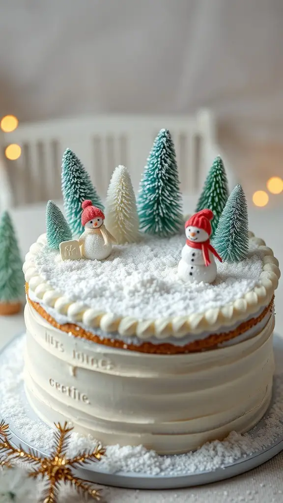 A whimsical winter onederland cake decorated with snowmen and frosted trees.