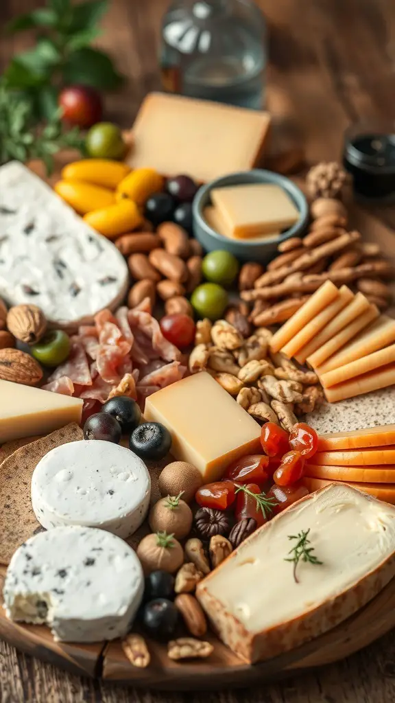 A beautifully arranged cheese and charcuterie board featuring various cheeses, meats, nuts, and fruits.