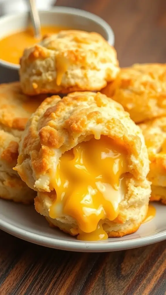 Savory cheddar biscuits with melted cheese inside, served on a plate.