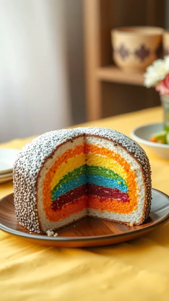 A colorful rainbow surprise cake with layers of vibrant colors inside, displayed on a wooden plate.