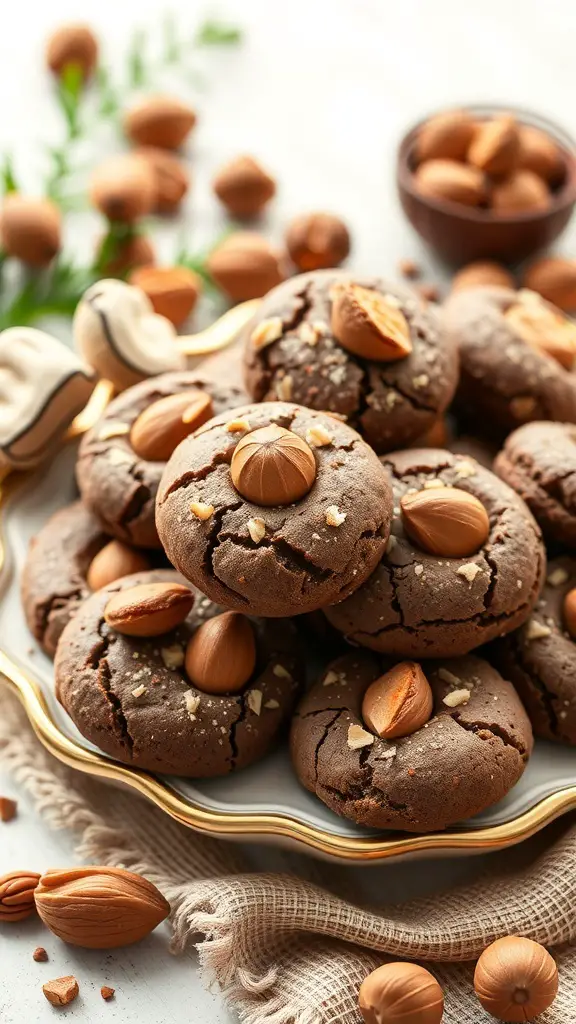 A plate of Nutty Hazelnut Chocolate Cookies topped with whole hazelnuts