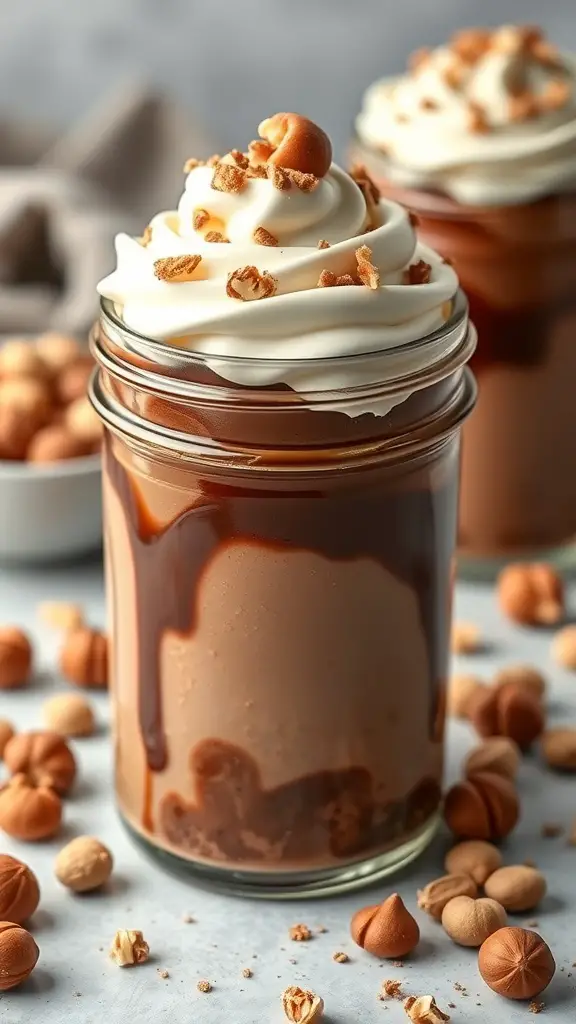 A jar of Chocolate Hazelnut Budino topped with whipped cream and crushed hazelnuts, surrounded by whole hazelnuts.