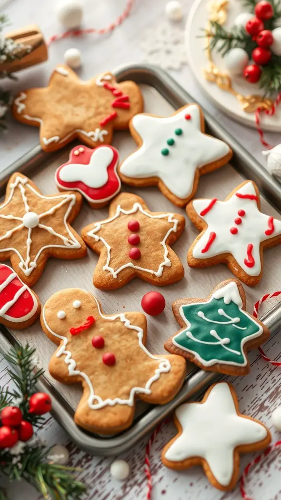 A tray of decorated gingerbread cookies in various festive shapes.
