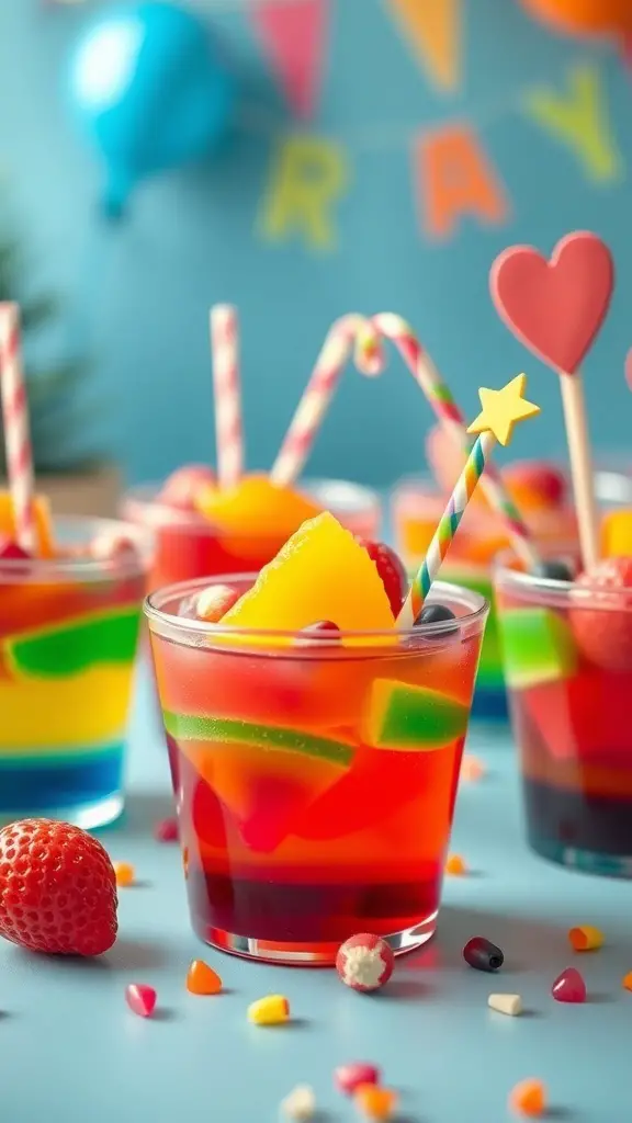 Colorful fruit jello cups with layers of jello and fruit, decorated with straws and candy, perfect for a kids party.