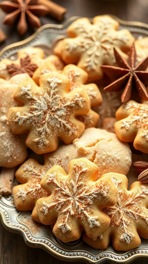 A plate of beautifully decorated spiced sugar cookies shaped like snowflakes, with cinnamon sticks and star anise in the background.