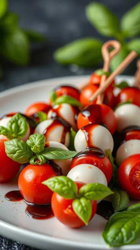 Mini Caprese skewers with cherry tomatoes, mozzarella balls, and basil drizzled with balsamic glaze.
