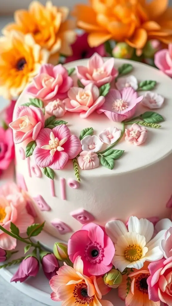 A bento cake decorated with colorful flowers, showcasing a charming floral garden theme.