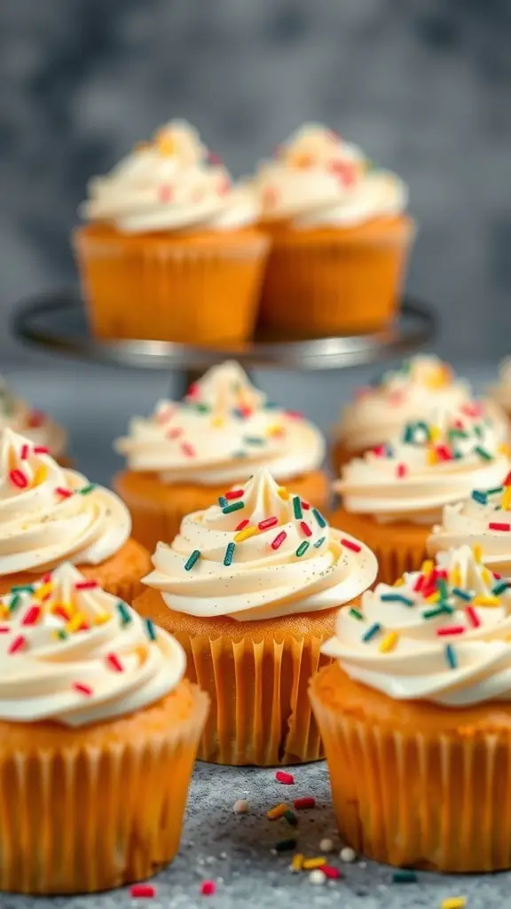 Sparkling champagne cupcakes with colorful sprinkles