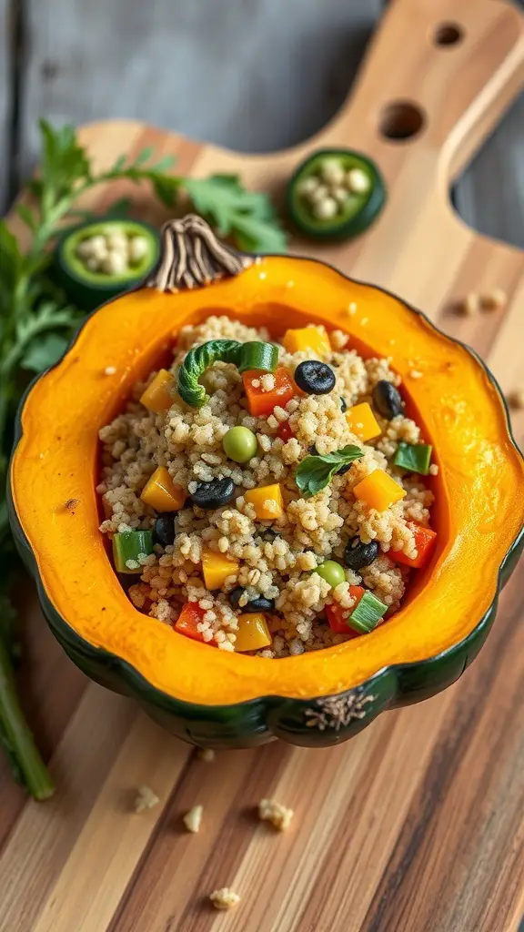 A stuffed acorn squash filled with quinoa and colorful vegetables on a wooden cutting board.