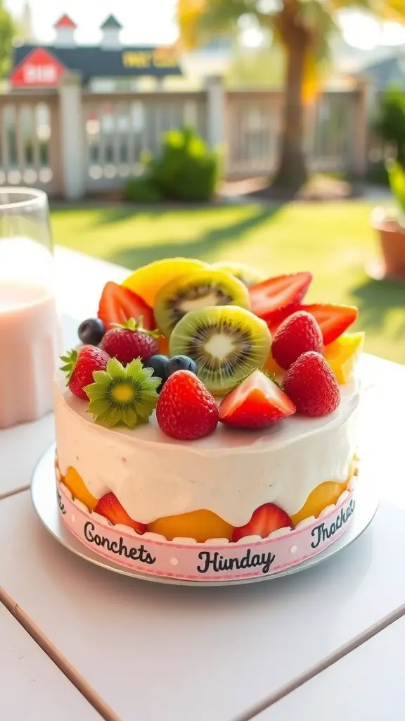 A colorful bento cake topped with various fruits like strawberries, kiwis, and mangoes, set in a sunny outdoor environment.