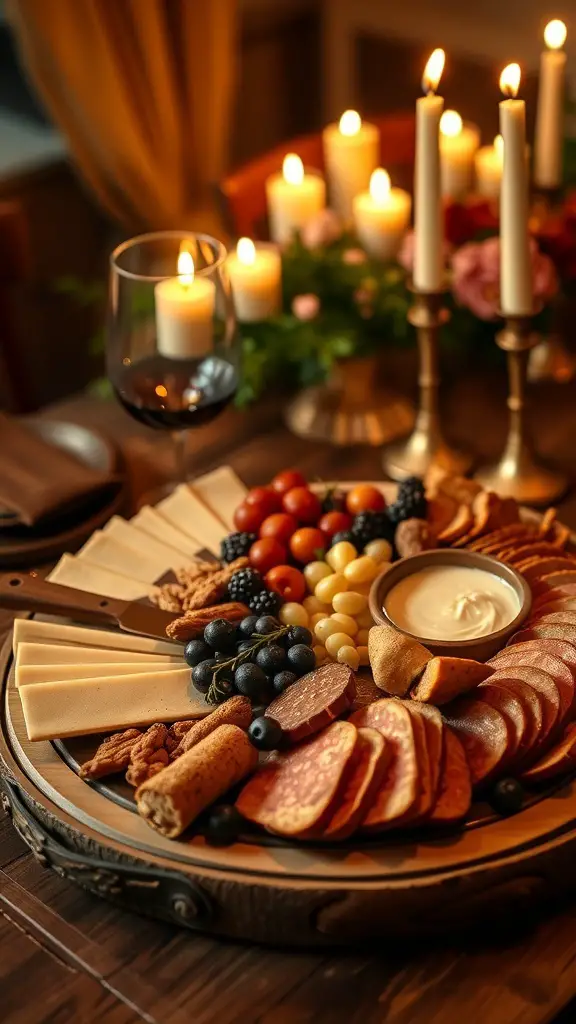 A beautifully arranged Valentine's charcuterie board featuring cheeses, meats, fruits, and candles.