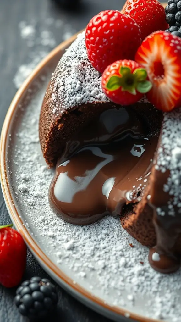 A close-up of a chocolate lava cake with a gooey center, topped with strawberries and blackberries.