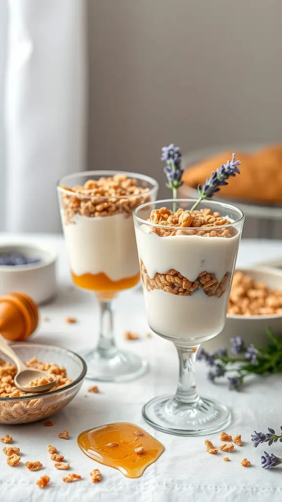 Honey and Lavender Yogurt Parfaits in glasses with granola and lavender sprigs
