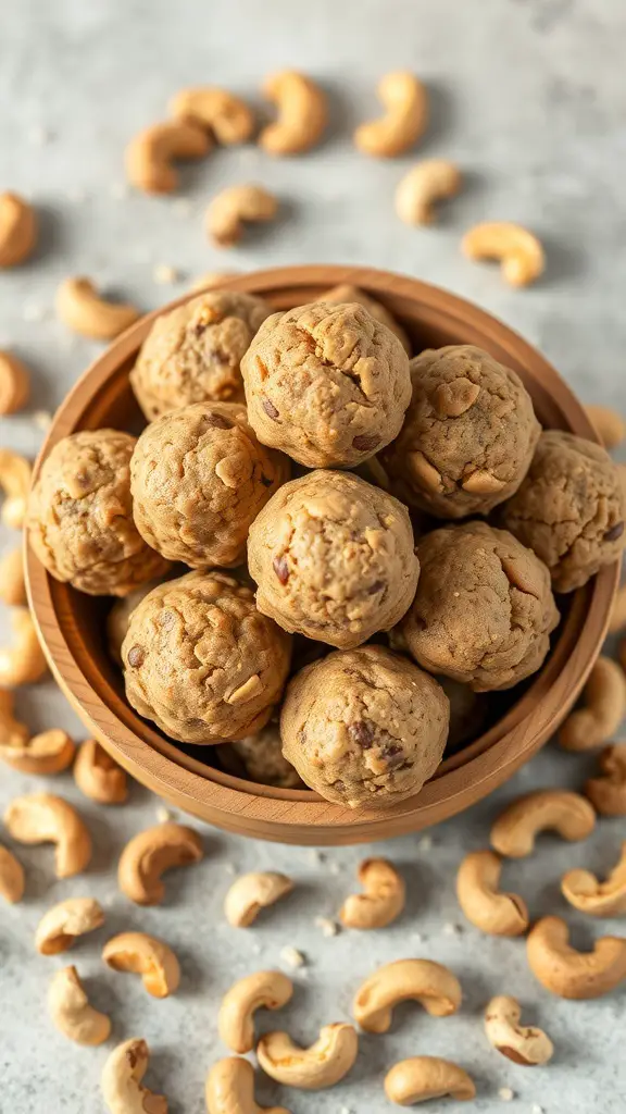 A bowl of cashew cookie protein balls surrounded by cashews.
