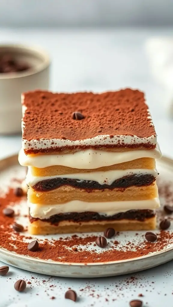 A delicious layered tiramisu dessert with cocoa powder and coffee beans on a plate.