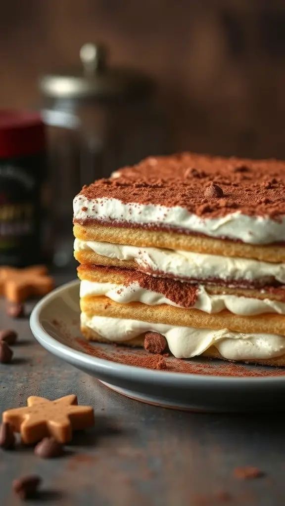 A delicious layered tiramisu dessert with cocoa powder on top, surrounded by chocolate chips and gingerbread cookies.