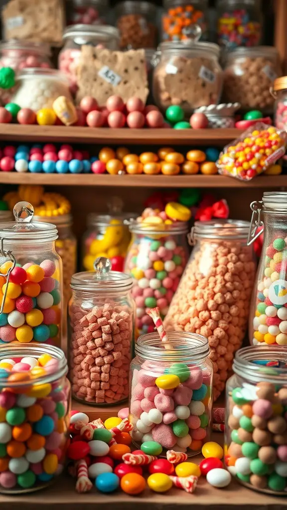 A colorful display of various candies in jars, showcasing nostalgic candy options for a birthday party.