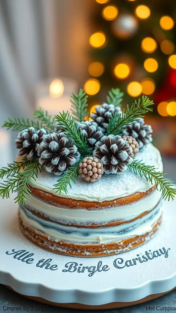 A beautifully decorated winter onederland cake featuring frosted pinecone accents and greenery.