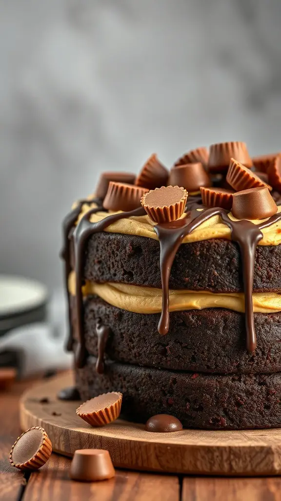 A rich chocolate cake layered with peanut butter frosting and topped with mini peanut butter cups and chocolate drizzle.