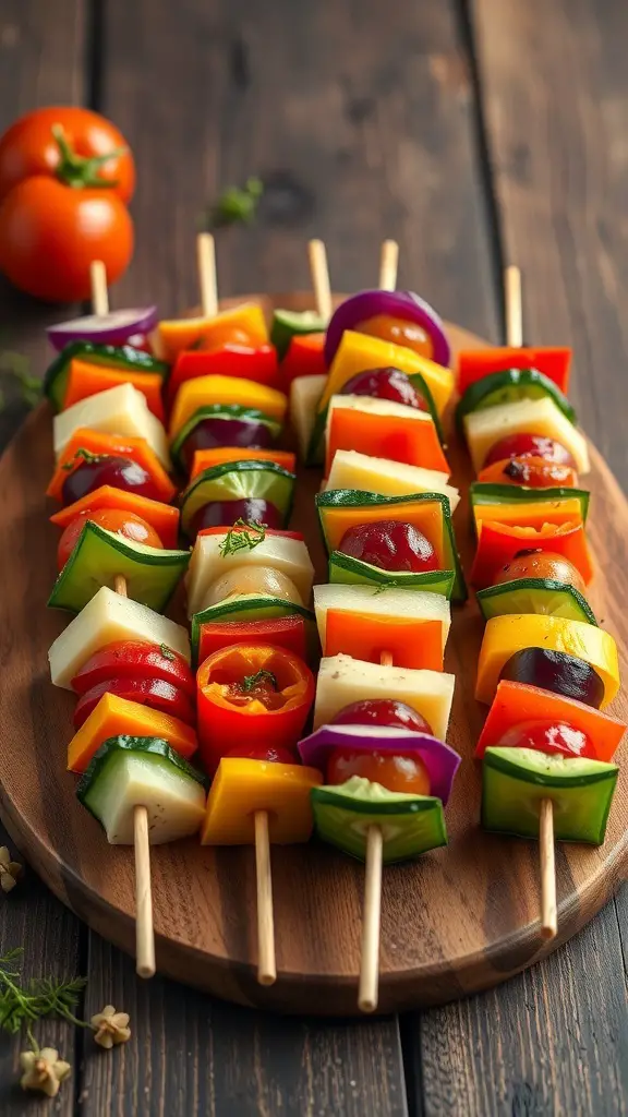 Colorful veggie skewers arranged on a wooden platter with tomatoes in the background.