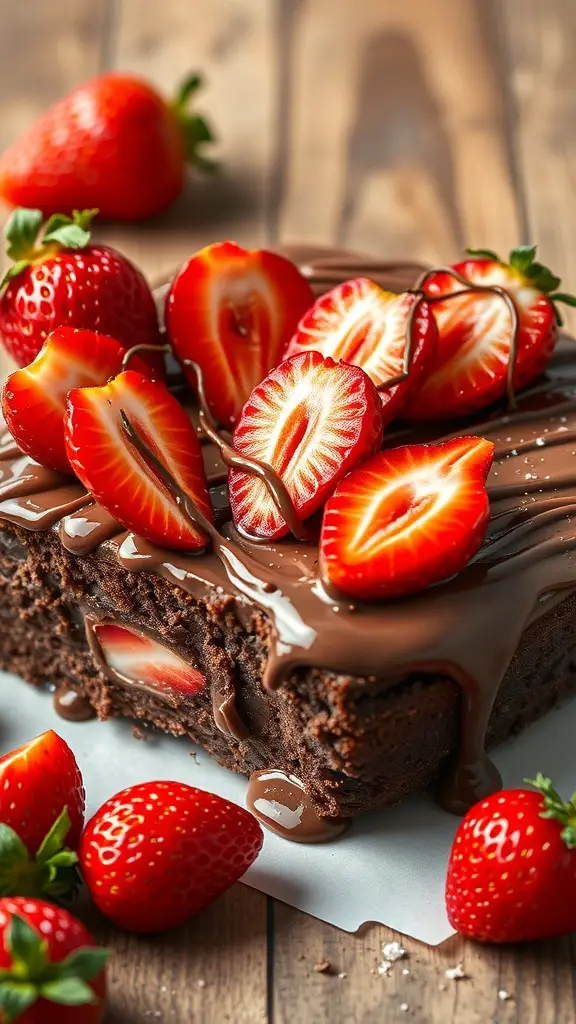 A delicious Nutella Strawberry Poke Cake topped with fresh strawberries and drizzled with chocolate.