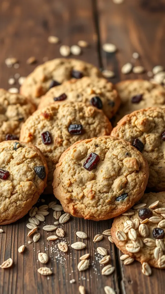 A close-up of crispy oatmeal raisin cookies on a wooden surface, with scattered oats around them.