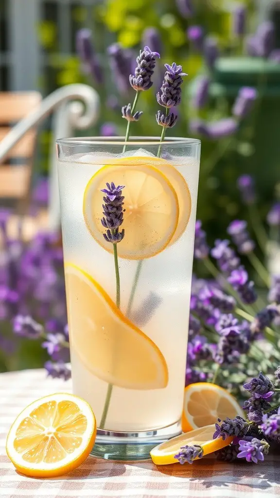 A glass of lavender lemonade with lemon slices and lavender sprigs, surrounded by purple flowers.