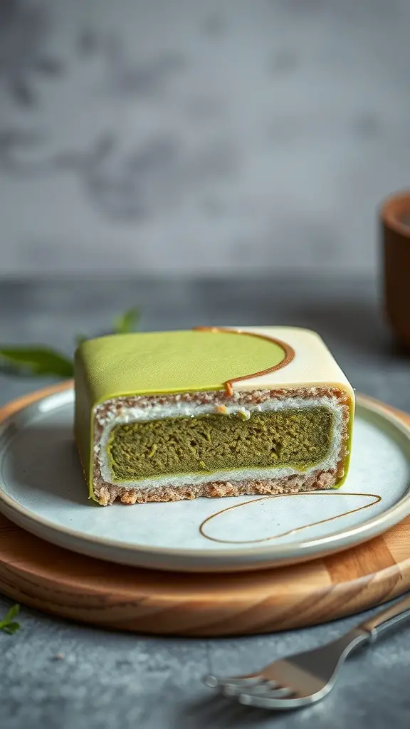 A bento cake with a vibrant green matcha layer, showcasing its soft texture and creamy filling.