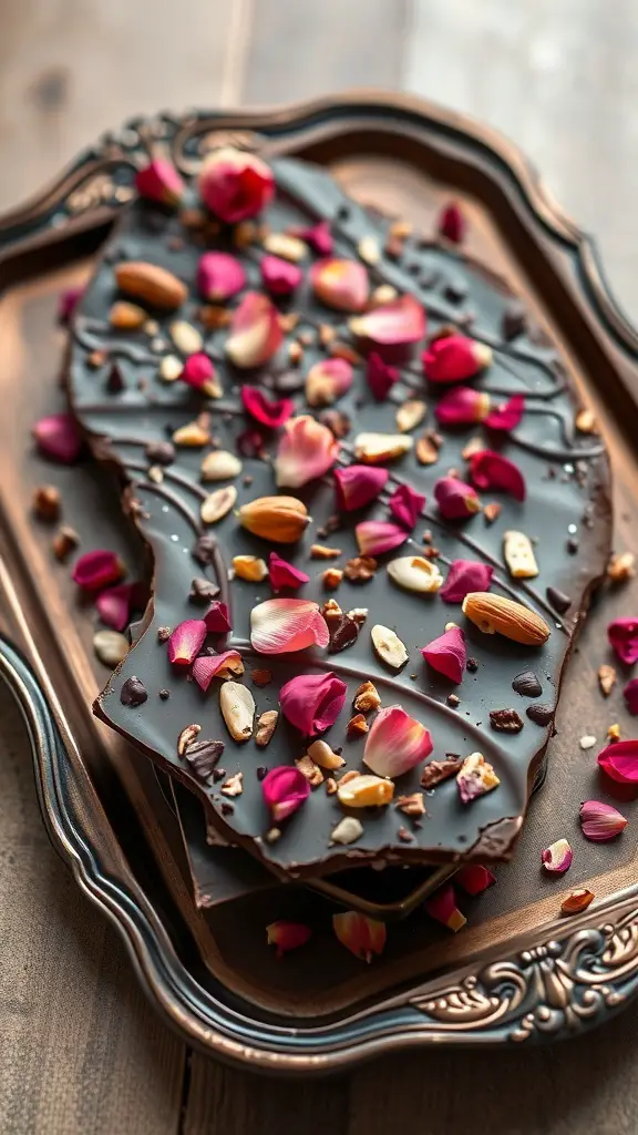 A beautiful display of rose petal chocolate bark topped with nuts and rose petals on a decorative tray.