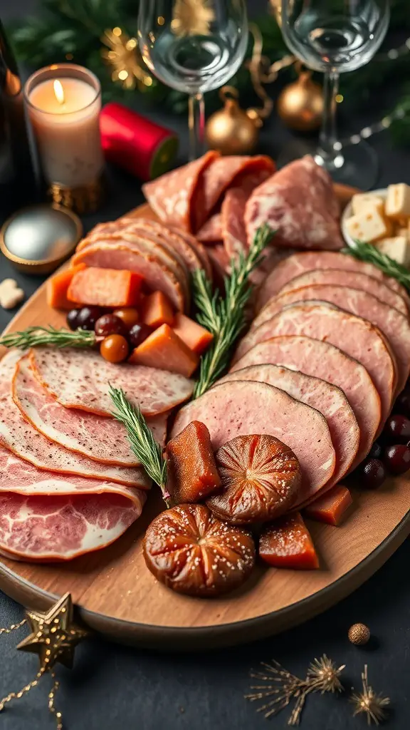 A charcuterie board featuring various artisan meats, dried fruits, and herbs, perfect for New Year celebrations.
