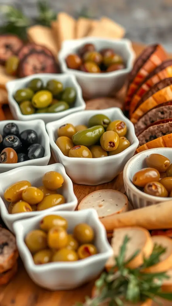 A variety of specialty olives in small bowls on a charcuterie board.