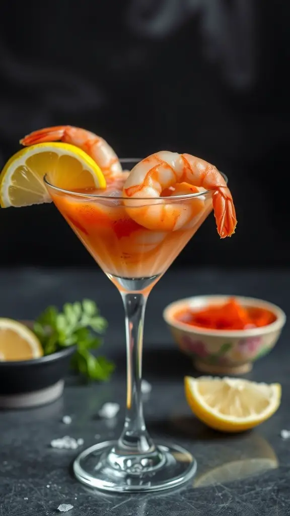 A refreshing shrimp cocktail served in a glass with lemon slices.
