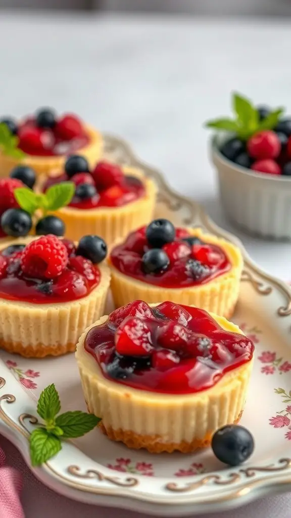 Mini cheesecakes topped with berry compote on a decorative plate