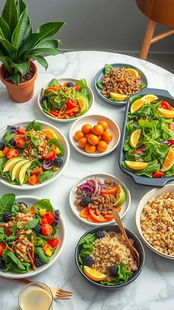 A variety of colorful plant-based dishes arranged on a table, including salads, grains, and fruits.