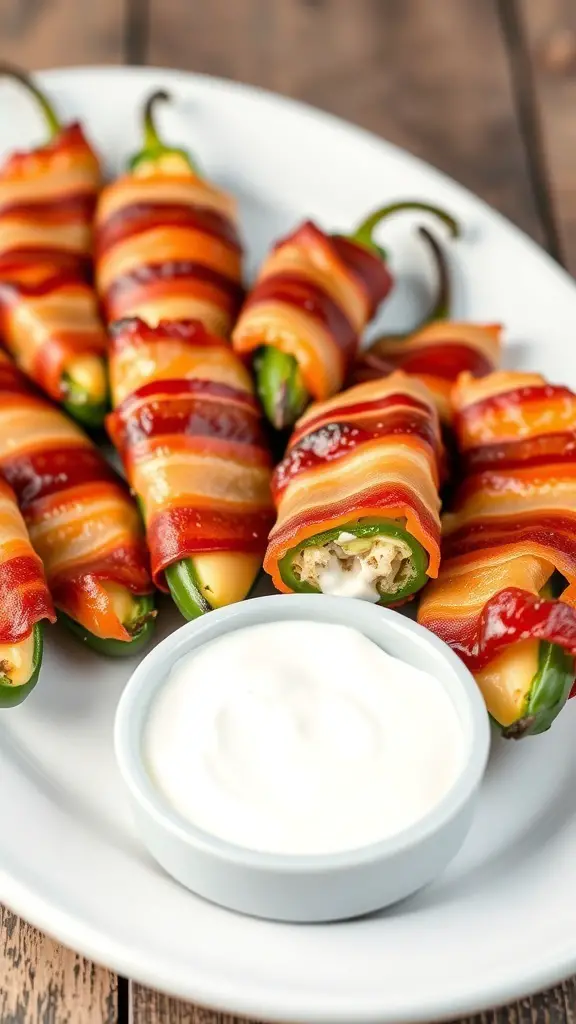 A plate of bacon-wrapped jalapeño poppers served with a side of dipping sauce.
