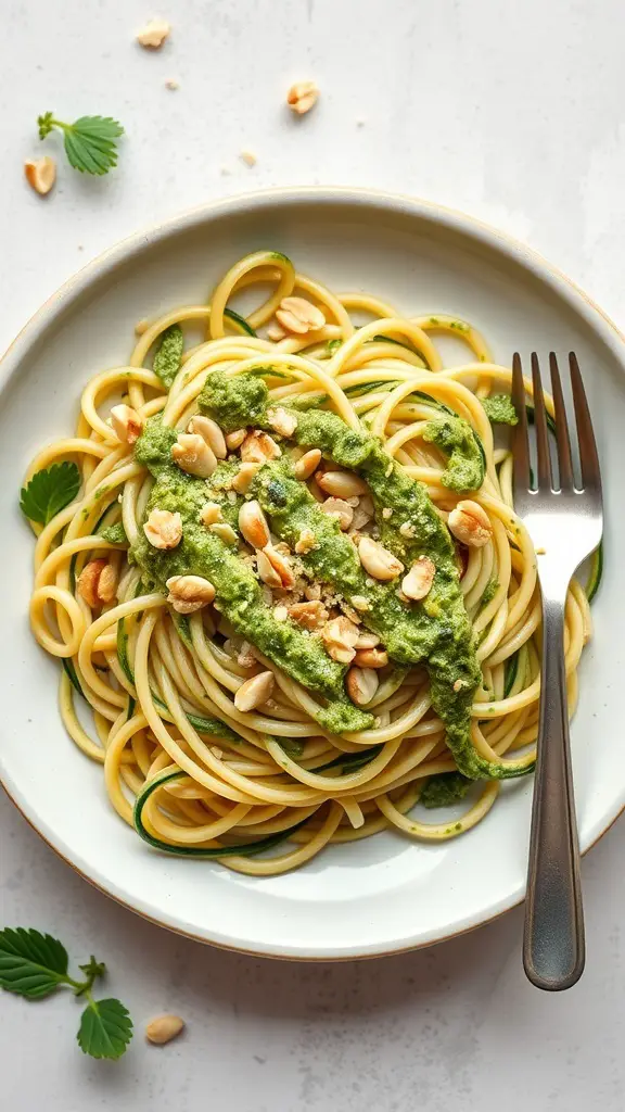 A plate of zucchini noodles topped with avocado pesto and peanuts.