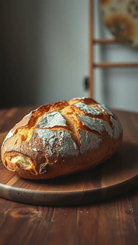 A freshly baked crusty artisan bread loaf on a wooden cutting board.