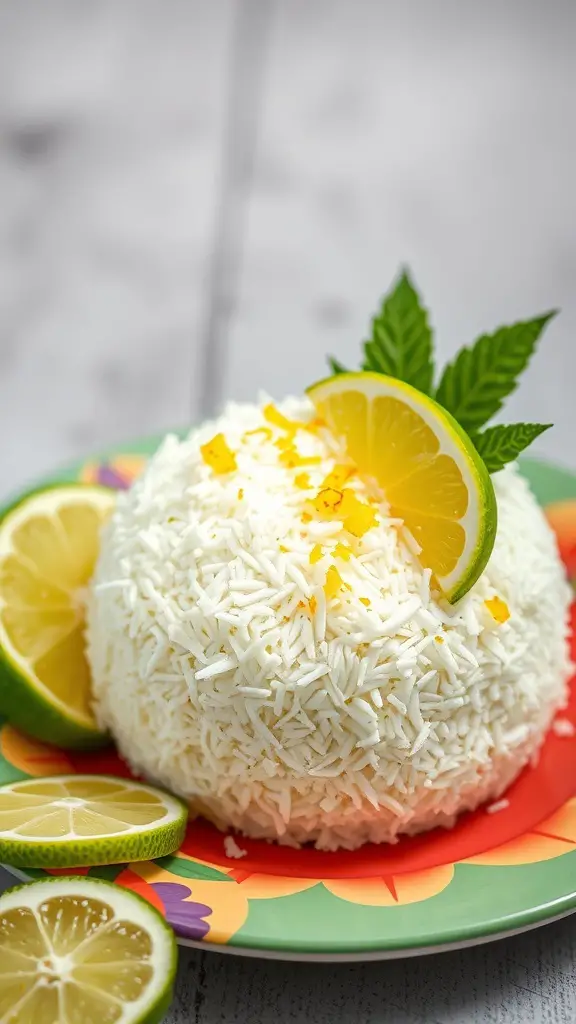A bento cake topped with coconut shavings and lime slices on a colorful plate.