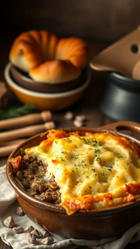 A delicious shepherd's pie with a golden crust and a hearty filling, served in a rustic dish.