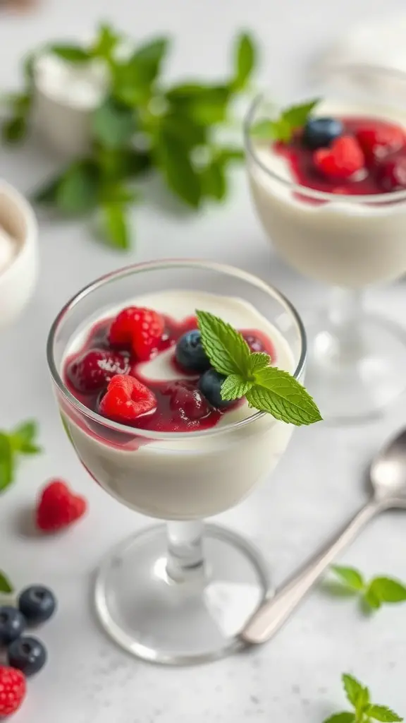 Two glasses of vanilla bean panna cotta topped with berries and mint leaves