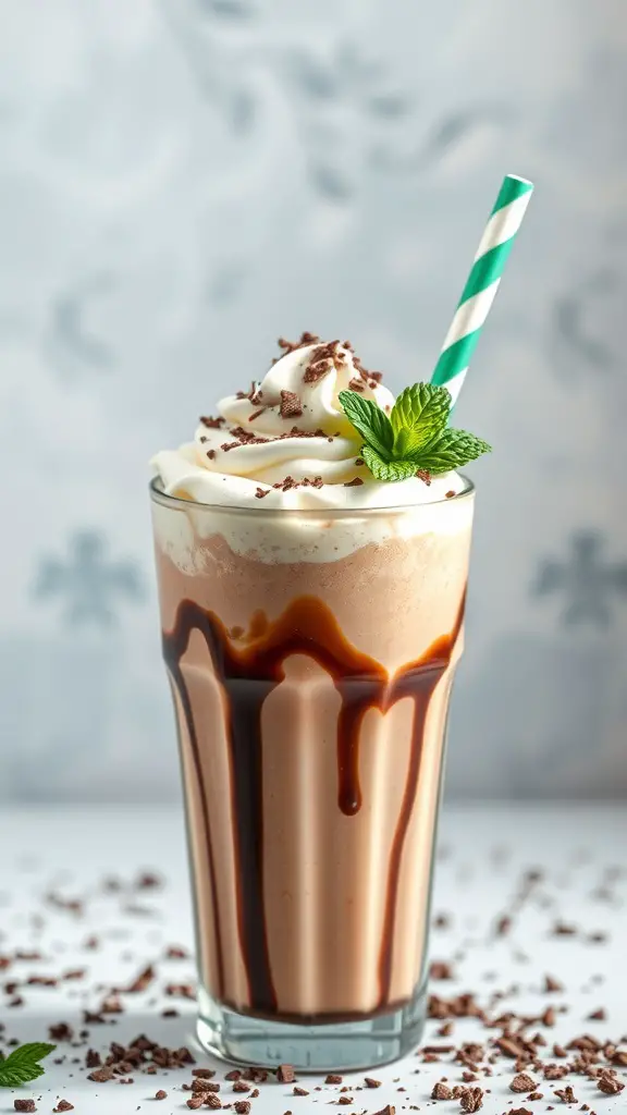 A delicious Chocolate Mint Milkshake topped with whipped cream, chocolate shavings, and a mint leaf, served in a tall glass with a striped straw.