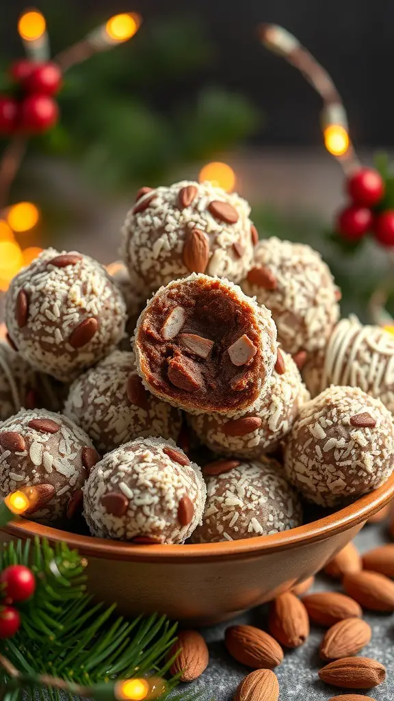 A bowl of Almond Joy Energy Bites, coated in coconut and topped with almonds, surrounded by holiday decorations.