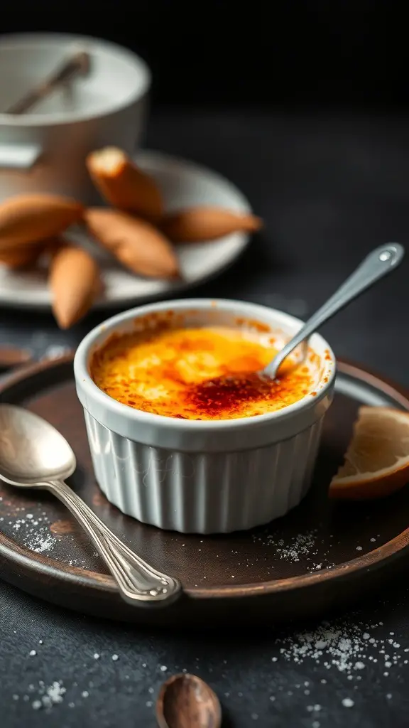 A ramekin of vanilla bean crème brûlée with a caramelized sugar crust, a spoon, and a slice of lemon on a wooden plate.