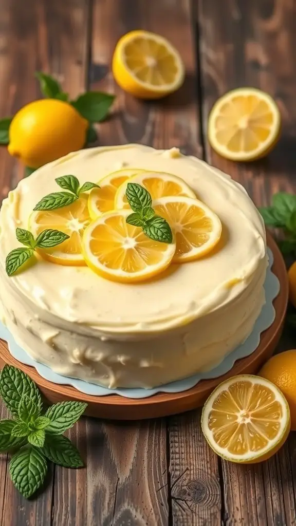 A lemon pudding cake topped with lemon slices and mint leaves, surrounded by fresh lemons on a wooden table.